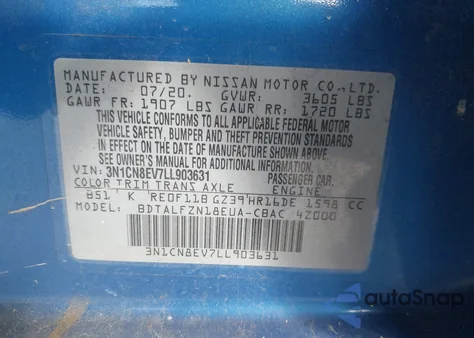 2020 Nissan Versa Sv Xtronic Cvt z USA, uszkodzony, nr VIN 3N1CN8EV7LL903631